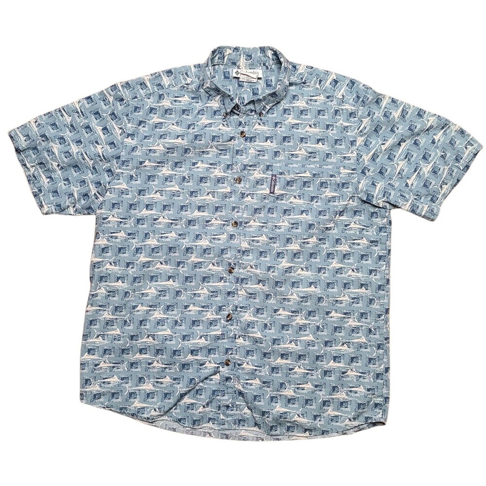 Columbia Mens Shirt Size Large S/S Blue w\ Swordfish deep-sea fishing marlin